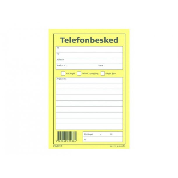 Telefonbesked, hjformat 148 x 100 mm