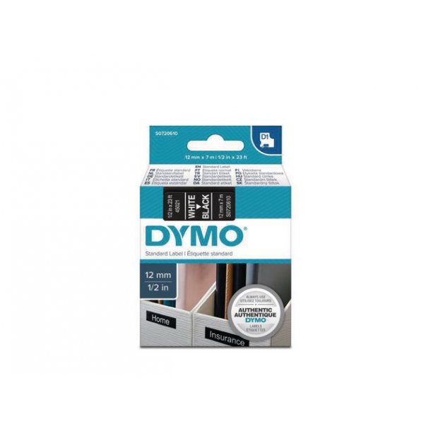 Tape DYMO D1 12mm hvid p sort