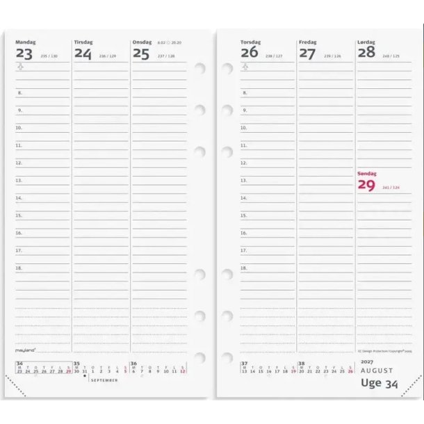 Mayland 2027 27275000 systemkalender refill 16,8x9,5cm hvid
