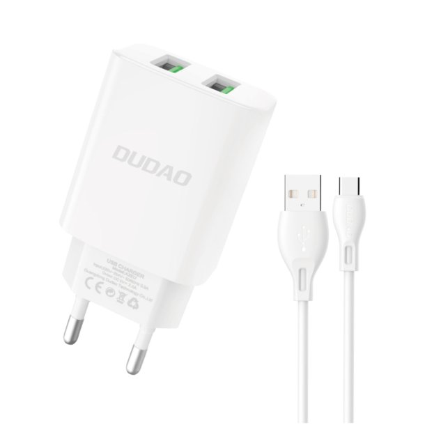 Dudao A2EUT Adapter 12Watt 2xUSB-A +1m USB-A to USB-C cable 