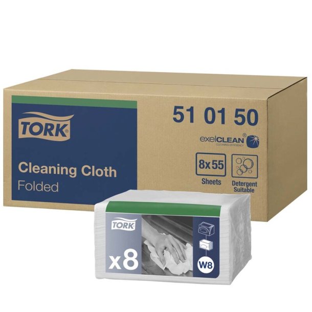 Tork 510150 aftrringsklud W8 hvid 55stk - 8 pk.