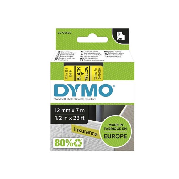 Dymo D1 12mm sort/gul 